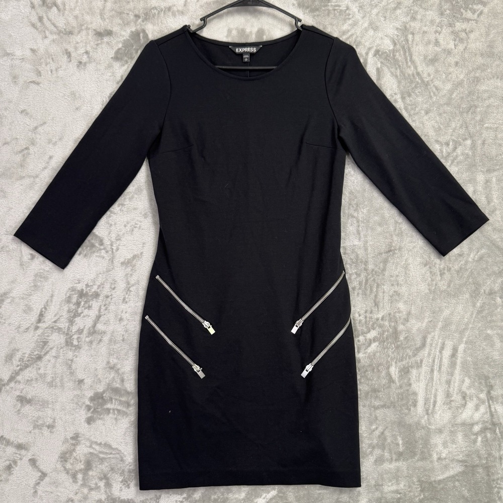 EXPRESS Classic Black 3/4 Sleeve Dress with Silver Zip Details Sz. Small